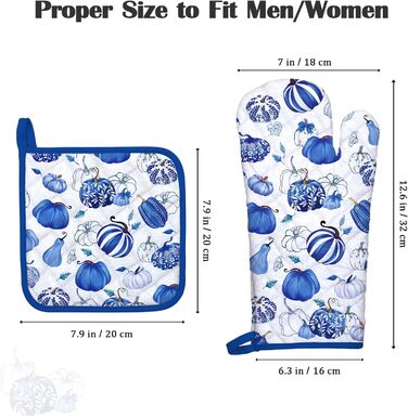 Набір з 2 різдвяних рукавиць для духовки та підставки для каструль Arquiel, 100 бавовняні кулінарні рукавички, термостійкі кухонні рукавички для приготування їжі, різдвяні подарунки для декору кухні для жінок (синій гарбуз, рукавиця для духовки*2 підставк