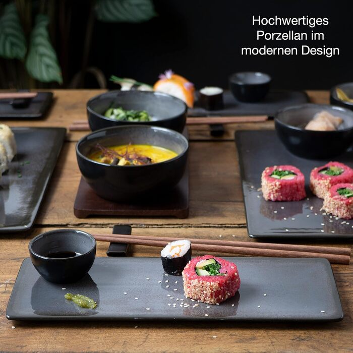 Набір посуду для суші на 4 персони - Сервірувальний набір з 3 шт. тарілкою - 4 шт. тарілками, місо-боул, миска та палички для їжі сірий, 29 шт.