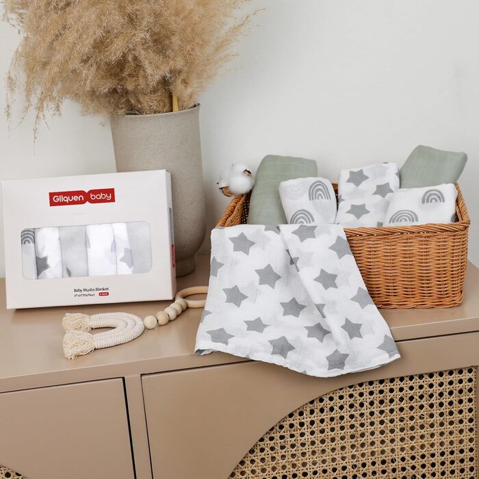 Муслінові серветки GLLQUEN для немовлят, 6 шт. бавовняних серветок для відрижки, 70 см x 70 см, абсорбуючі та дихаючі, ідеально підходять для очищення, витирання та покриття новонароджених (зірка, 6 шт.)