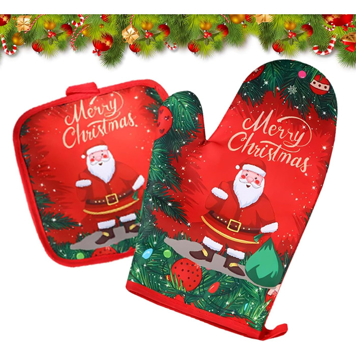 Рукавичка для духовки та прихватка для каструль з різдвяним дизайном, набір 2 предмети, червоні Embhlitfe