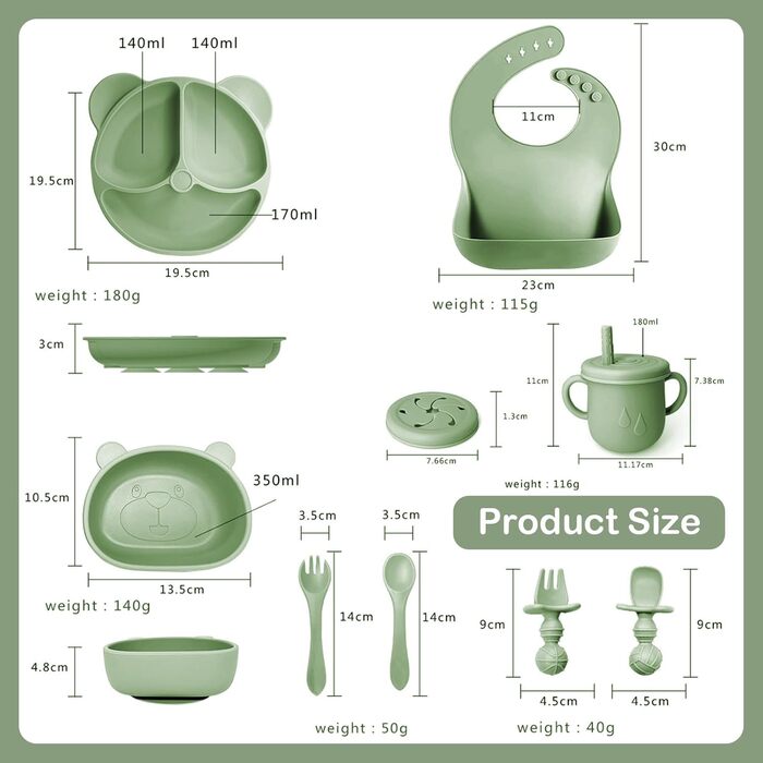 Силіконовий набір дитячого столового посуду Bizcasa з 9 предметів, нековзкий набір дитячого столового посуду, дитячий столовий посуд із присоскою, нековзна дитяча миска, дитяча тарілка, дитячий набір столових приборів для малюків, без BPA (темно-зелений)