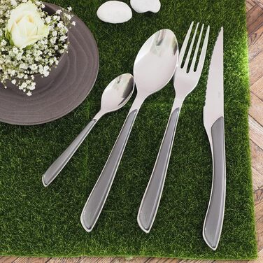 Набор столовых приборов, 24 предмета, набор столовых приборов на 6 человек, коричневые пластиковые ручки под дерево, можно мыть в посудомоечной машине, столовые приборы из нержавеющей стали, светлое дерево (серый)