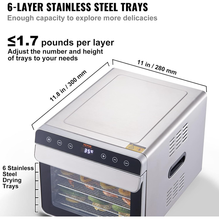 Дегідратор, контроль температури 30-90C, таймер від 0,5 до 48 годин, 700 Вт VEVOR