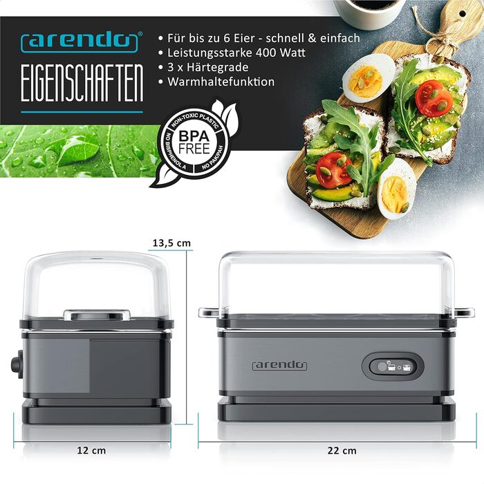 Яйцеварка на 6 яєць, 400 Вт сіра Sixcook Arendo