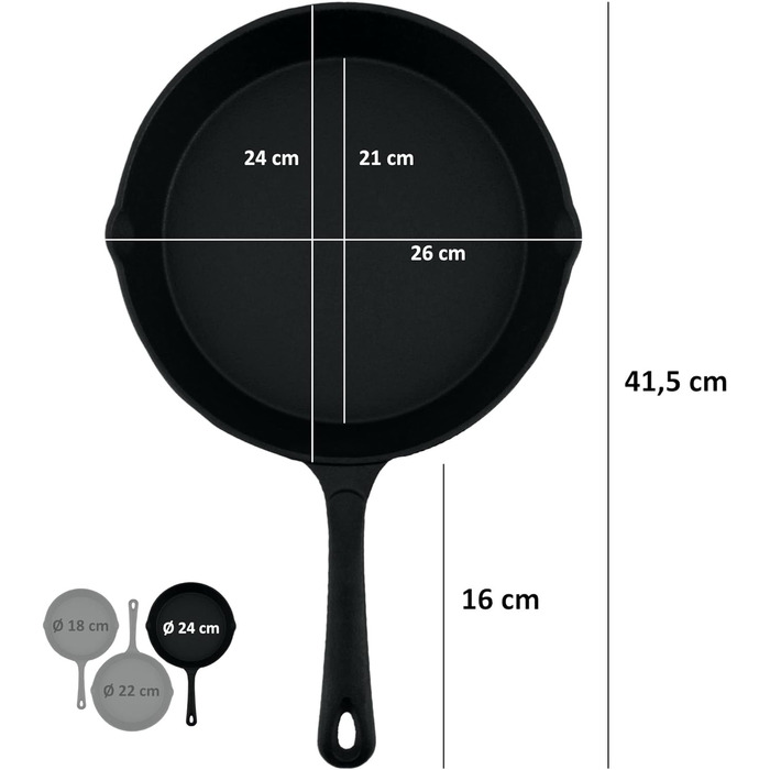 Набір з 3 чавунних сковорідок 16 см, 20 см, 24 см BBQ-Toro