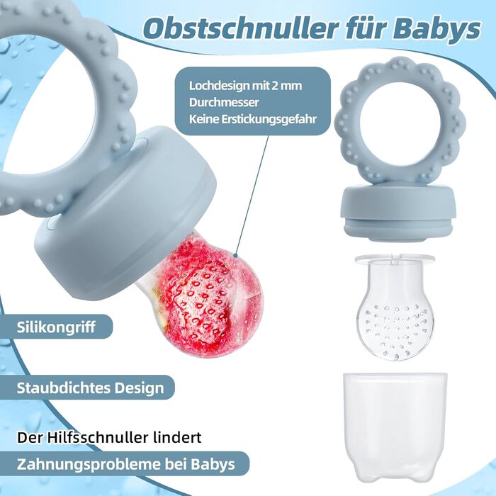 Фруктова пустушка для малюків від 3, 4, 5 та 6 місяців, 2 упаковки дитячої годівниці для фруктового харчування та контейнера для зберігання дитячого харчування, ланцюжок для пустушки та 6 силіконових сосків 3 розмірів, фруктова пустушка для малюків (зелен