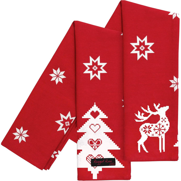 Різдвяні кухонні рушники Ragged Rose, бавовна, (50 x 70 см, червоні)