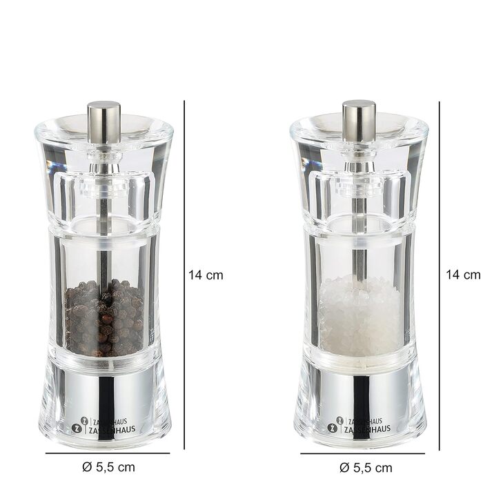 Набор мельниц для перца и соли Zassenhaus AACHEN, для самостоятельного наполнения, Ø 5,8 см H 14 см, акриловая емкость, керамическая мельница, мельница для специй, а также для других специй