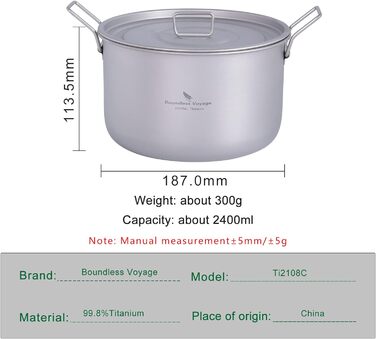 Титановая кастрюля со складной ручкой для кемпинга 2,4 л iBasingo