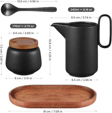 Набір для молока та цукру з кришкою та металевою ложкою, 5 предметів чорний ecooe