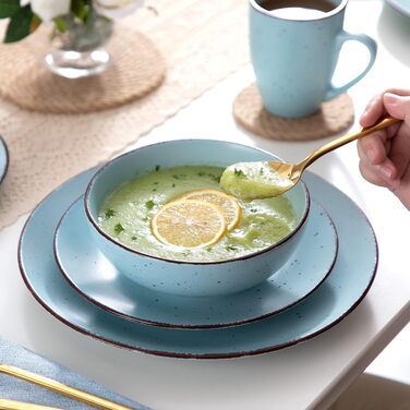 Столовий сервіз з керамограніту, набір посуду vancasso MODA, вінтажний зовнішній вигляд, комбінований сервіз із 40 предметів з 8 обідніми тарілками, тарілками для тортів, суповими тарілками, мисками та чашками кожна (синій, комбінований сервіз 20 шт. )