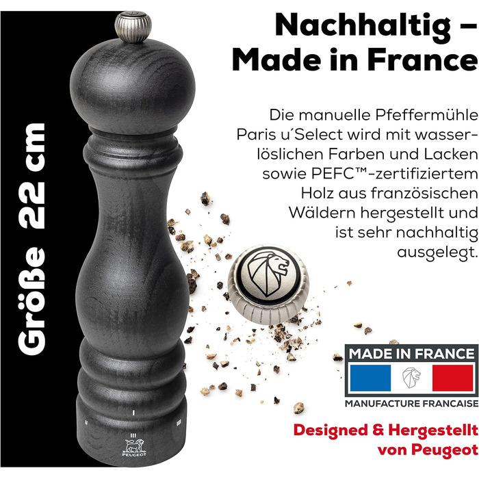 Млин для перцю Paris u'Select 22 см - 6 попередньо встановлених помелів - Виготовлений з деревини, сертифікованої PEFC - Французьке ноу-хау - Графітовий млин для перцю
