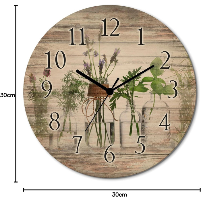Настінний декор ARTLAND настінний годинник з дерева без цокання безшумний круглий Ø 30 см кухонний годинник кава капучино круасан T5XO Капучино та круасан (трави у пляшечках, кварцовий годинник)