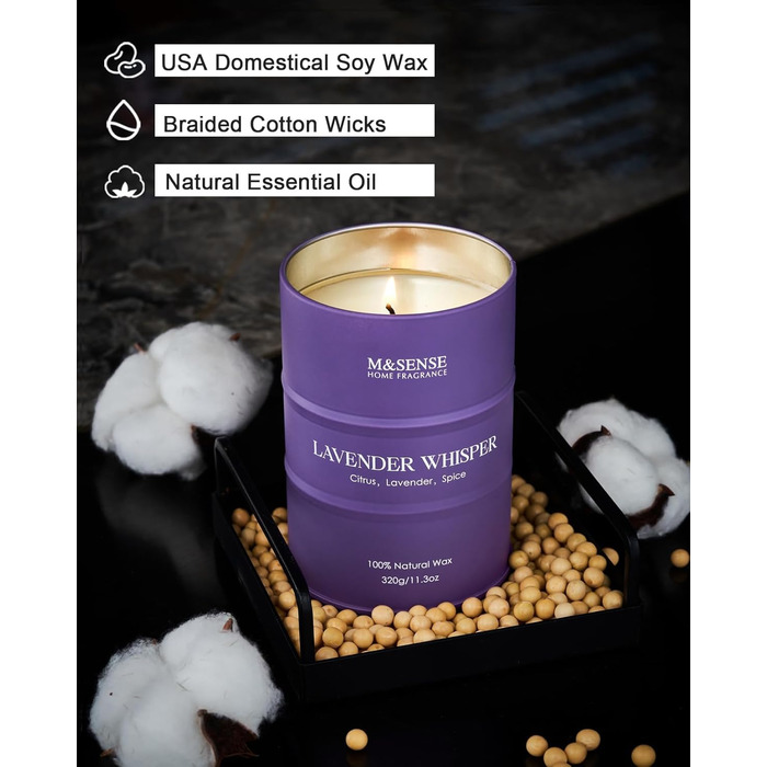 Ароматичні свічки M&SENSE з натурального соєвого воску, натуральна соєва свічка для домашнього декору, тривалий час горіння до 70 годин, класні подарунки-свічки для чоловіків і жінок (320 г, шепіт лаванди)