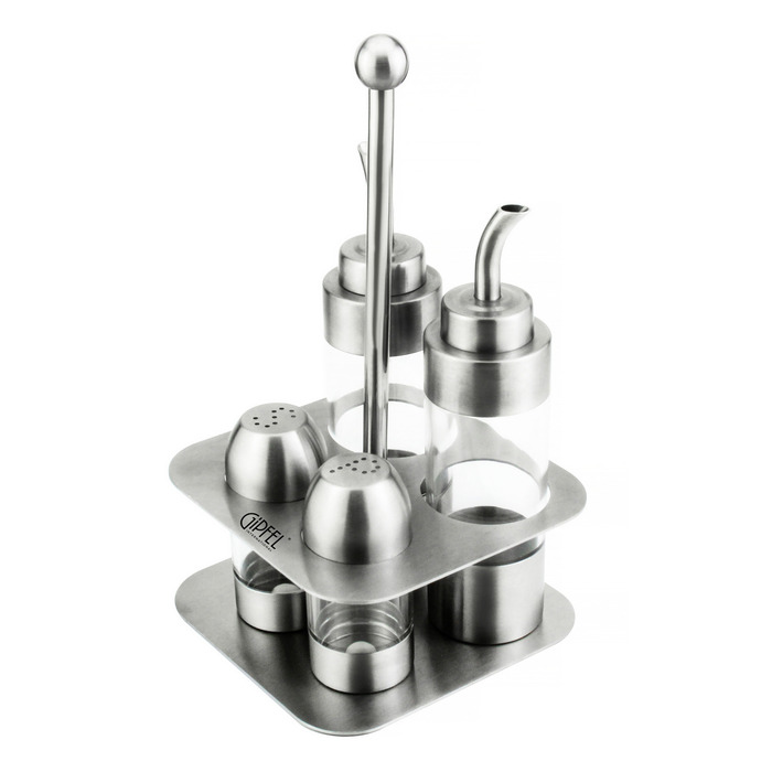GIPFEL Набір сервірувальний з 5 пр. (2 диспенсери 180мл для олії та оцту, сільничка, перечниця, підставка) Матеріал: нерж.сталь 18/10, пла 6294 GIPFEL