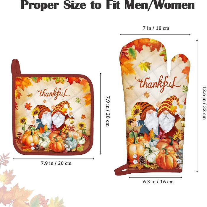 Набір з 2 кухонних рукавиць та підставок для каструль Arquiel Gnome Autumn Orange Checked, 100 бавовняні кулінарні рукавички, термостійкі кухонні рукавички для приготування їжі, осінній декор, подарунки для жінок (осінній гном, духовка*2 підставка для кас