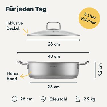 Сотейник 28 см с ручками и крышкой, нержавеющая сталь Silberthal