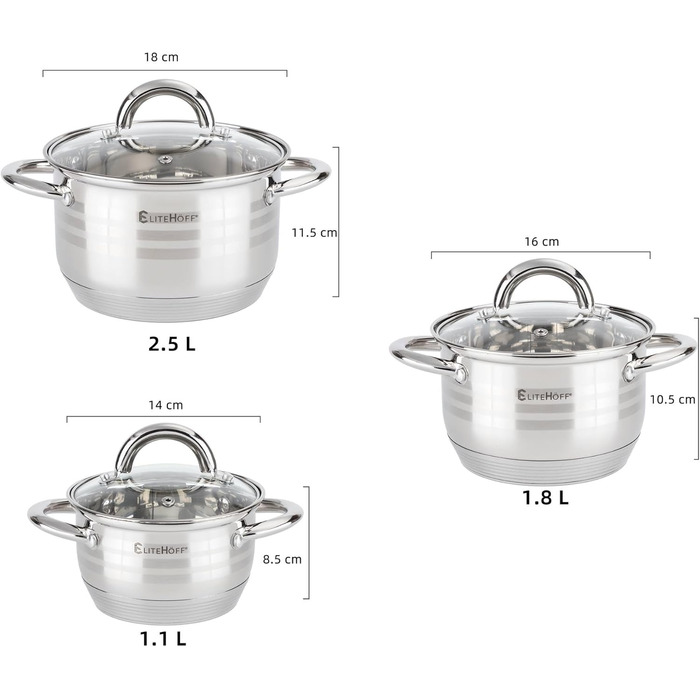 Набор из 3 кастрюль из нержавеющей стали со стеклянными крышками, 6 предметов E-4303 EliteHoff