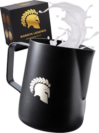 Глечик для молока Barista Legends з нержавіючої сталі 350 мл зі спеціальним носиком для лате-арту - Глечик для спінювання молока з високим глянцевим покриттям - Глечик для молока Barista з нержавіючої сталі - Аксесуари Barista (чорний 600 мл)