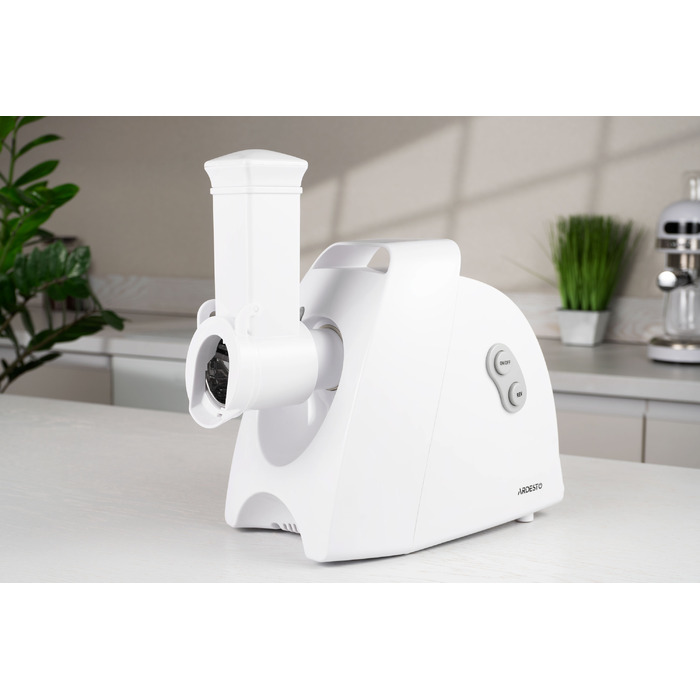 ARDESTO М'ясорубка, 1900Вт, 1.8кг/хв, 3 решітки, насадка для ковбас, кеббе, 4 терки, пластик, білий