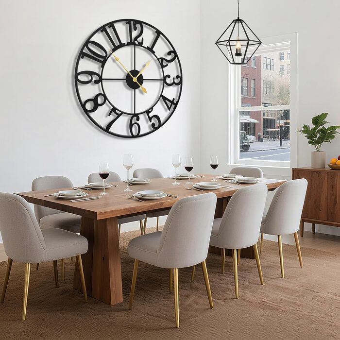 Великий круглий металевий настінний годинник у вінтажному стилі, безшумний, без цокання, на батарейках, 40 см, 16 дюймів, римські цифри для вітальні, спальні, кухні, настінний годинник-прикраса (чорні арабські цифри, 100 см)