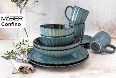 Набор посуды MSER серии 931966 Confino на 4 персоны в современном винтажном стиле, Сервиз для завтрака из 12 предметов из керамики бирюзового цвета с черными акцентами, Сервиз для кофе из керамогранита Teal