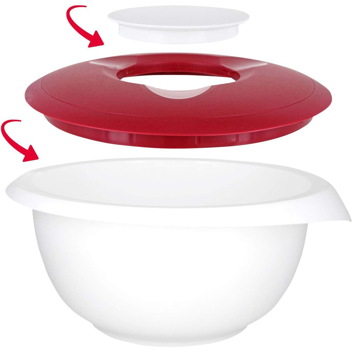 Миска для випічки Westmark 3,5 л - з носиком - кришка з двох частин - миска для змішування без бісфенолу А, нековзна та придатна для миття в посудомийній машині (червона/біла) (біла/червона, набір зі скребком)