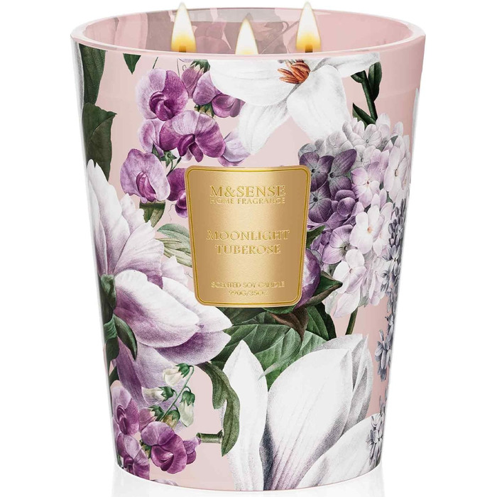 Ароматична свічка M&SENSE надзвичайно велика, час горіння 150 годин, натуральна ароматерапевтична свічка з 3 гнітами, сильний аромат, тривале горіння, подарункова свічка та прикраса для дому, подарунки для жінок (990 г, тубероза місячне сяйво)