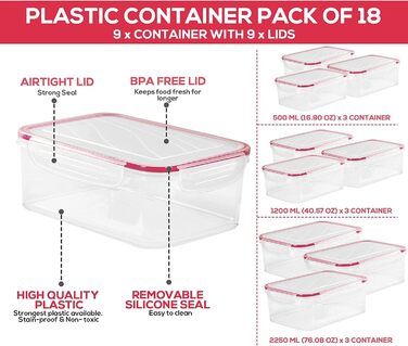 Банки для зберігання з кришками (9 контейнерів, 9 кришок) Контейнери для зберігання продуктів для кухні, кухонний органайзер без бісфенолу А (упаковка з 18 шт. , червоний), 18