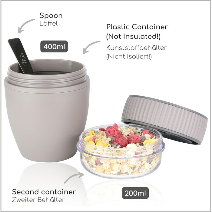 Стаканчик для пластівців Milu на винос 400 мл з назвою MsliMax для йогурту герметичний стаканчик з ложкою (сіро-коричневий, пластик)