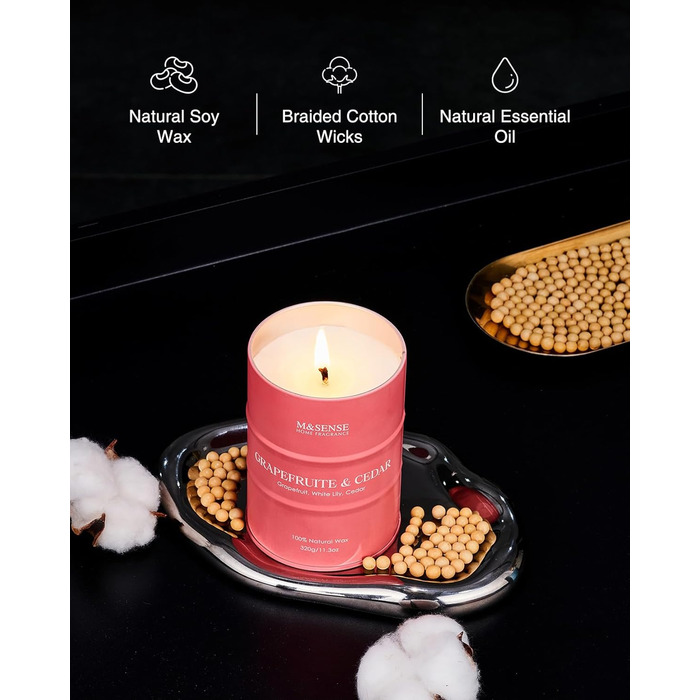 Ароматичні свічки M&SENSE з натурального соєвого воску, натуральна соєва свічка для домашнього декору, тривалий час горіння до 70 годин, класні подарунки-свічки для чоловіків та жінок (320 г, грейпфрутовий кедр)