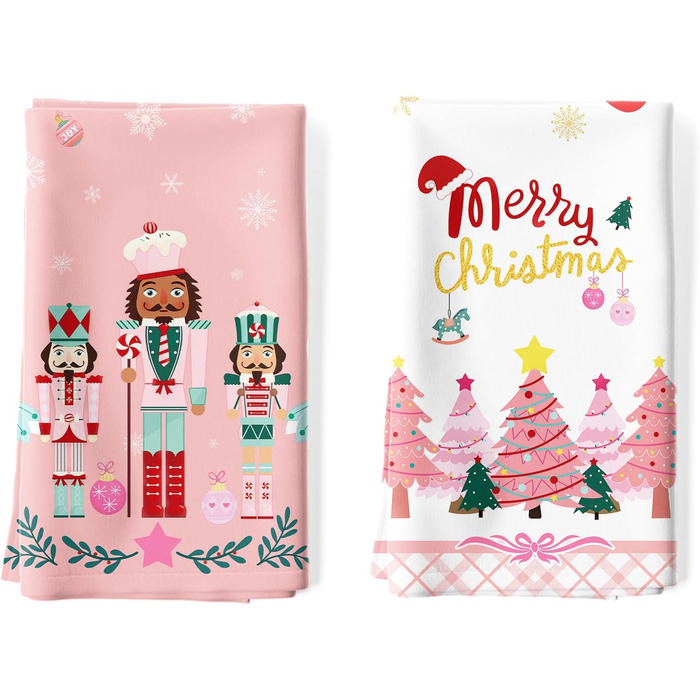 Набір із 4 кухонних рушників Arquiel &quotЗимова ялинка&quot, різдвяні кухонні рушники, декоративні, 100 бавовняні, абсорбуючі, подарунок на новосілля, 48 см x 70 см (Лускунчик рожевий, 48 см x 70 см, набір із 2 шт.)