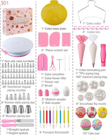 Набір аксесуарів для торта Nifogo, 301 предмет, аксесуари для випічки, аксесуари для декорування тортів з обертовою підставкою, кондитерський мішок, кондитерські насадки, шпатель для початківців (рожевий)