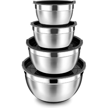 Миски для смешивания с герметичными крышками, набор из 4 шт., Миски для раскладки из нержавеющей стали с подходящими крышками и нескользящим силиконовым дном, Размер 4, 7, 3.5, 1.5, 4 шт. Большие металлические миски для смешивания, черные