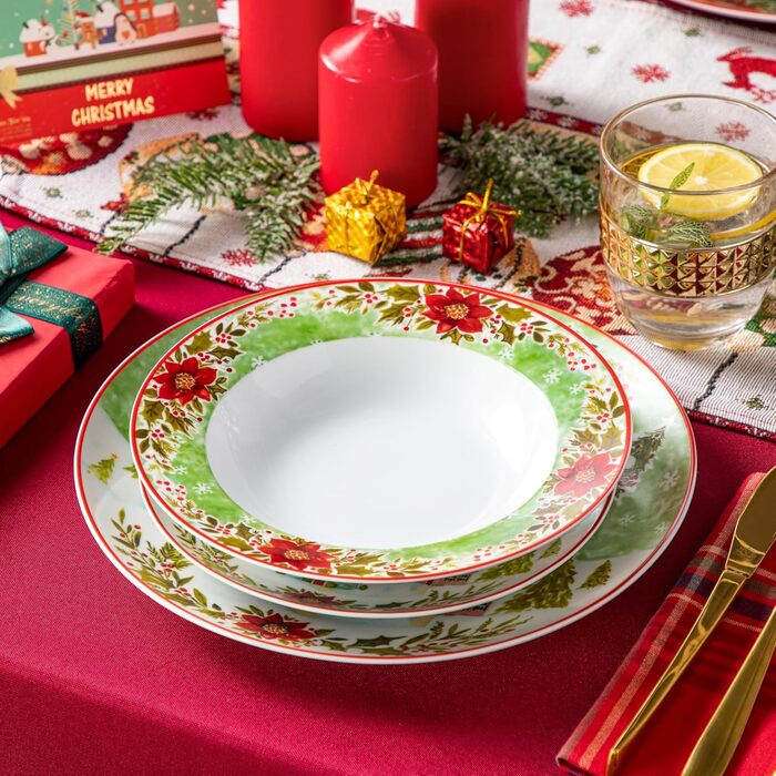 Серія 30-предметний порцеляновий різдвяний набір посуду для 6 осіб, різдвяний кавовий сервіз на 6 обідніх тарілок, 6 десертних тарілок, 6 супових тарілок, 6 кавових чашок та 6 блюдець (Різдвяний, 18-предметний обідній сервіз)