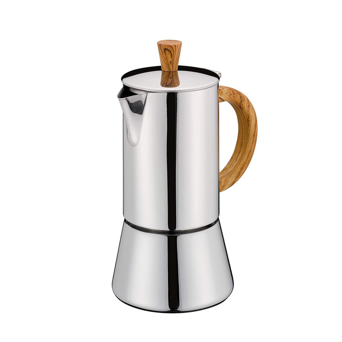 Нержавіюча сталь , Підходить для всіх типів плит , Ø 8.5 см , Можна мити в посудомийній машині , Мокко каструля , Еспресо кавоварка 4 чашки , Кемпінгова кавоварка