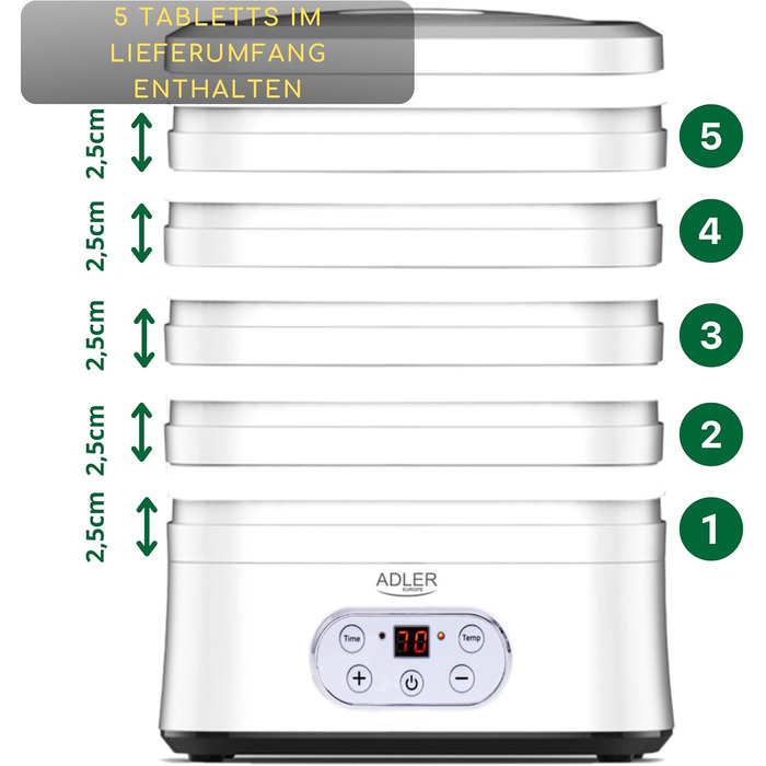 Дегідратор на 5 полиць 550 Вт, білий ADLER