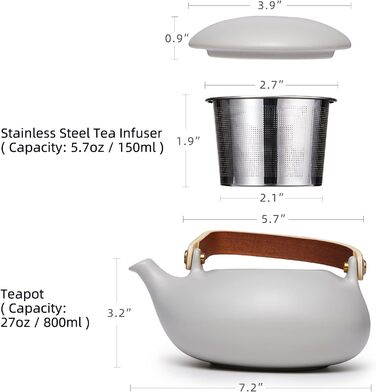 Японський чайник ZENS з ситечком, Сучасний 800 мл матовий білий чайний набір керамічний з 4 чашками і підставкою з ротанга, Набір для заварювання чаю з конопляної мотузки, подарунок для любителів чаю (02-сірий чайник)