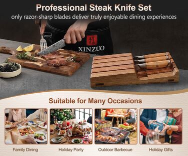 Набор из 4 ножей для стейка из дамасской стали 13 см с деревянным блоком XINZUO