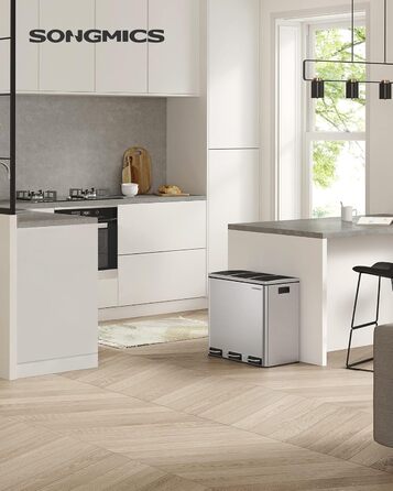 Кухонний контейнер для сміття SONGMICS, 3 x 18 л, система розділення сміття з 3 відділеннями, включаючи 15 мішків для сміття, відро для сміття, відро для сміття на педалі, для перероблених відходів, органічних відходів, з кришкою, LTB54BK (сріблястий мета