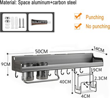 Підвісна підставка для спецій, настінне кріплення, підвісна підставка для горщиків, підставка для кухонного начиння з гачками, кухонна підставка для зберігання (40 см, 2 склянки) (Сірий, 50 см 2 склянки)