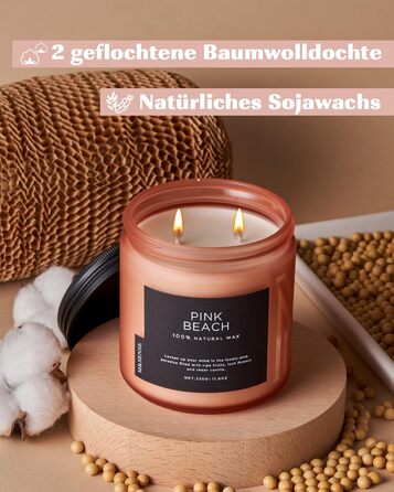 Ароматичні свічки M&SENSE з кавою у скляній банці з 2 гнітами 330 г, час горіння 70 годин, свічка з натурального соєвого воску для спальні, кухні, декору дому, подарункова свічка для чоловіків та жінок, смажена кава (рожевий пляж)