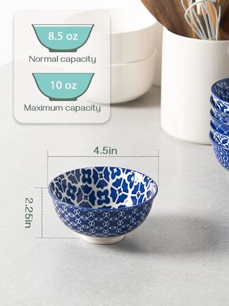 Керамічні миски DOWAN для пластівців, n десертні миски на День подяки та Різдво, великий набір супових мисок для макаронів, салату, морозива та вівсяних пластівців, набір із 6 шт. (300 мл, вінтажний синій)