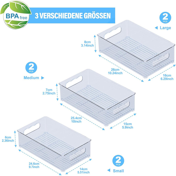 Набір холодильників-органайзерів 9 упаковок (3 розміри) Холодильник-органайзер, кухонний органайзер для комори, морозильної камери, шафи, ящика, офісу (3 розміри-6 упаковок синьо-сірий)