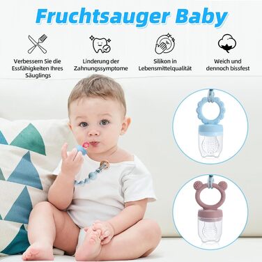 Фруктова пустушка для малюків від 3, 4, 5, 6 місяців, 2 годівниці для дитячого харчування з фруктами та контейнер для зберігання дитячого харчування, ланцюжок для пустушки та 6 силіконових сосків 3 розмірів, фруктова пустушка для малюків (рожево-фіолетова