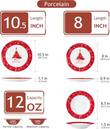 Серія 30-предметний порцеляновий різдвяний набір посуду на 6 осіб, різдвяний кавовий сервіз на 6 обідніх тарілок, 6 десертних тарілок, 6 супових тарілок, 6 кавових чашок та 6 блюдець (Christmastrele, обідній сервіз на 18 осіб)