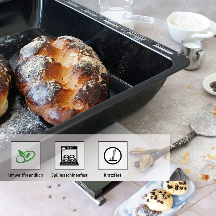 См, набір форм для випікання та решіток, глибока емальована сковорідка 3 см і хромована решітка для духовки та плити, стійка до подряпин і нержавіючої сталі, чорна (емаль 455 x 60 мм), 45,5 x 36