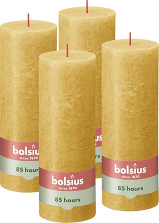 Свічки Bolsius Rustic Pillar - Оливково-зелені - Набір з 4 шт. - Декоративні побутові свічки - Час горіння 60 годин - Без запаху - Натуральний рослинний віск - Без пальмової олії - Оливково-зелені (19 x 7 см, охра-жовті)