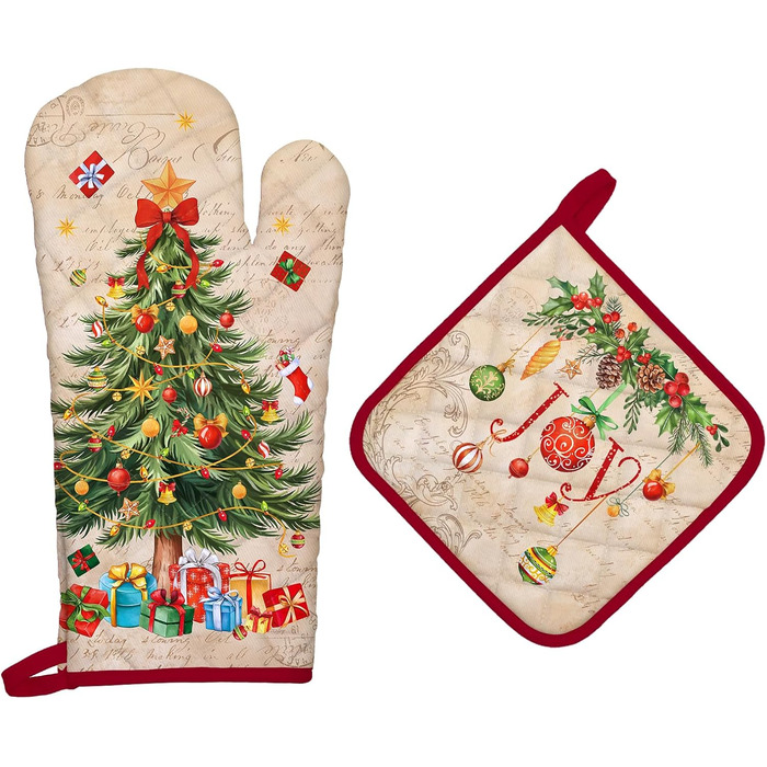 Набір з 2 різдвяних рукавичок для духовки та підставок для каструль Arquiel, 100 бавовняні кулінарні рукавички, термостійкі кухонні рукавички для приготування їжі, різдвяний декор для кухні, подарунки для жінок (різдвяна ялинка 01, рукавички для духовки п