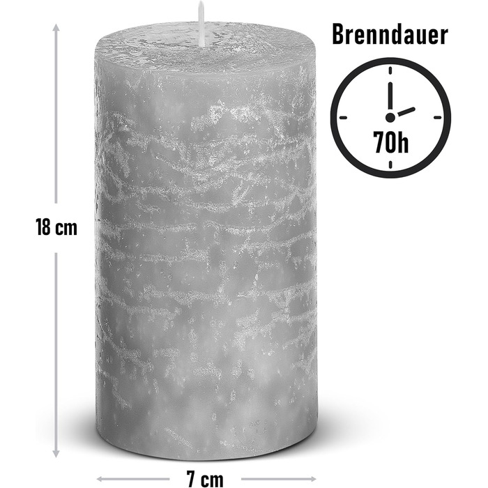 Набір із 4 свічок-стійок Brandsseller 7 x 10 см Однотонні та виготовлені з парафіну Сільські свічки з тривалим часом горіння Декоративні свічки для прикраси столу, Різдва та вечірок (7 x 18 см Набір із 4 шт. , сірі)